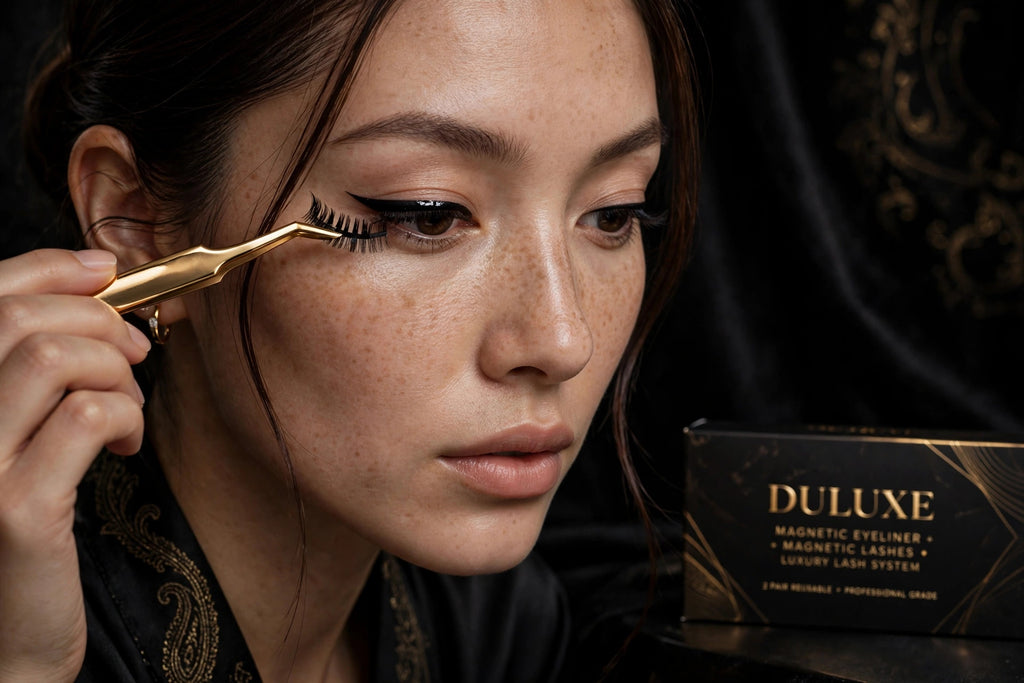 Pose des faux cils magnétiques avec l'applicateur doré près de l'œil, eyeliner magnétique appliqué