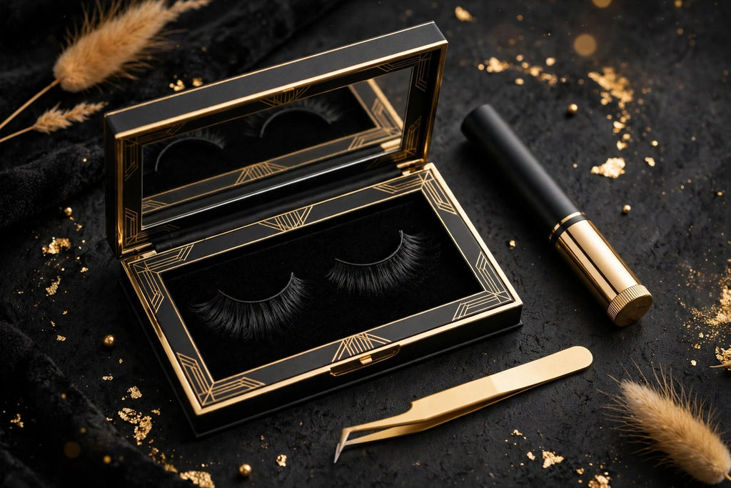 Kit complet de faux cils magnétiques dans son écrin noir et doré : paire de cils, eyeliner magnétique et applicateur