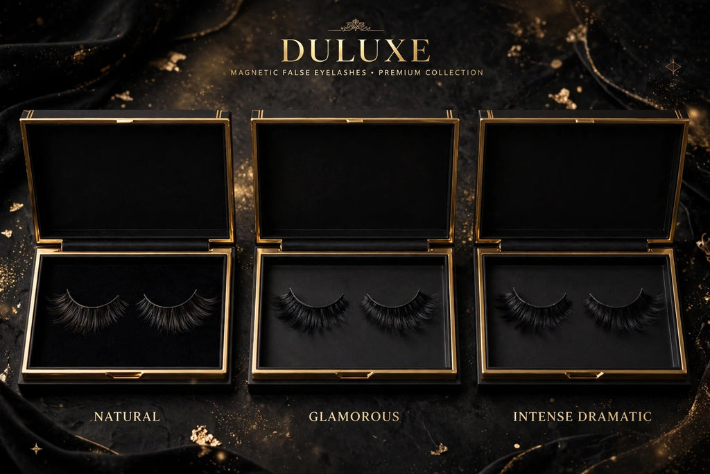 Les trois styles de faux cils magnétiques côte à côte, du plus naturel au plus intense : Naturel, Glamour et Intense, sur présentoirs noir et doré