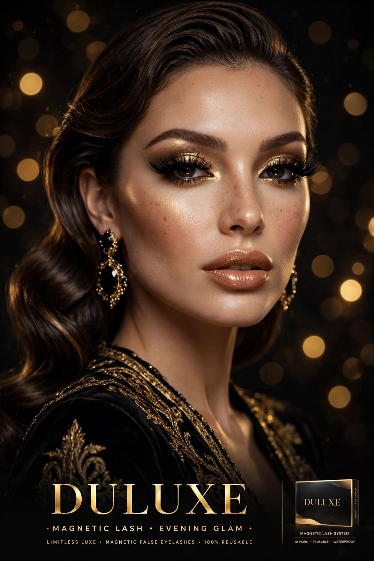 Femme en maquillage de soirée glamour avec de longs faux cils magnétiques au style intense, lumières dorées en arrière-plan