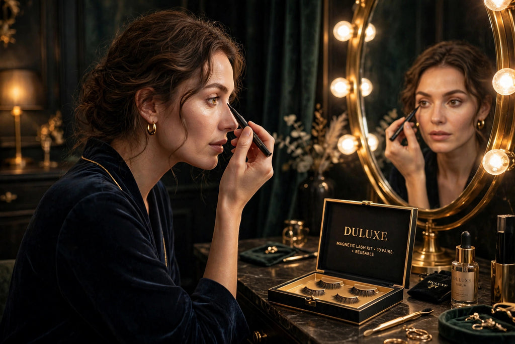 Femme appliquant son eyeliner magnétique devant un miroir de coiffeuse élégant, kit de cils noir et doré à côté d'elle