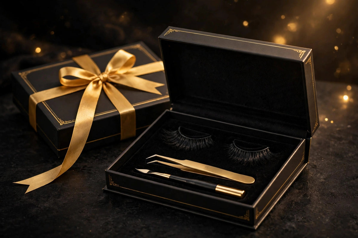 Kit de faux cils magnétiques présenté dans un coffret cadeau noir et doré DULUXE avec un ruban doré, prêt à offrir