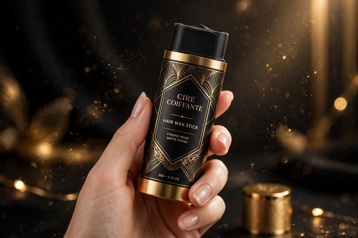 Bâton de cire coiffante noir et doré DULUXE tenu en main, visuel principal sur fond studio sombre aux accents dorés
