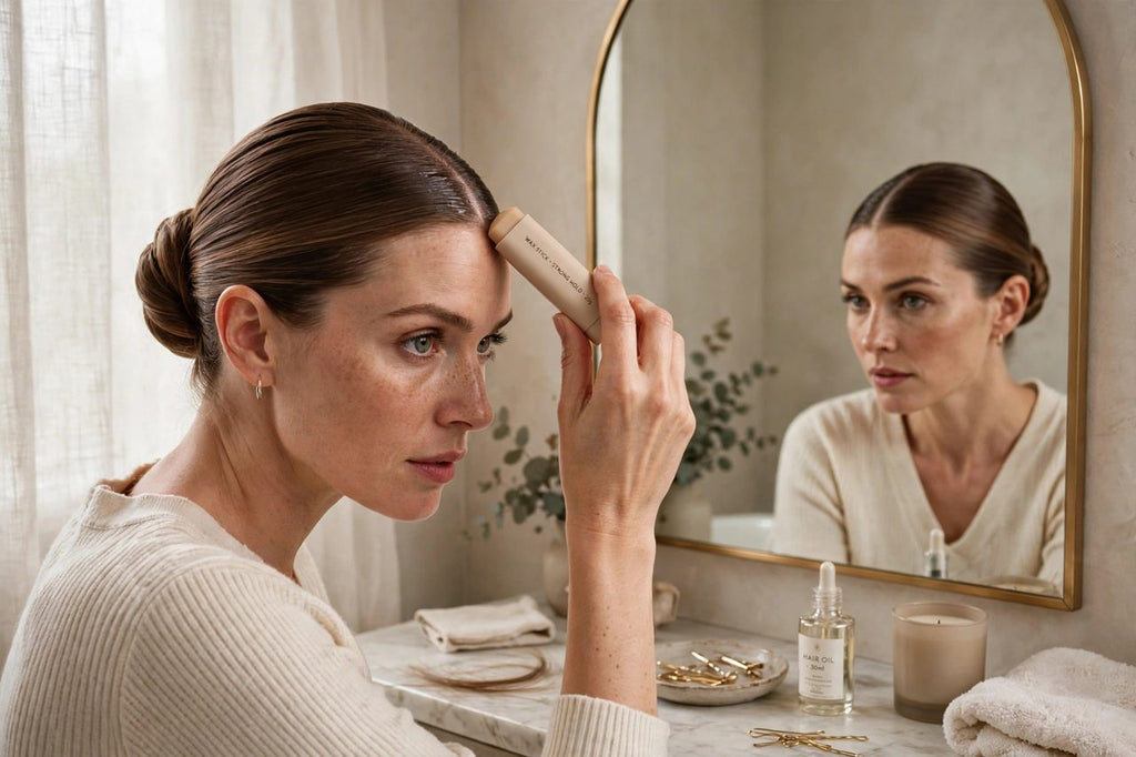 Femme appliquant le bâton de cire coiffante DULUXE pour lisser ses cheveux en chignon plaqué devant un miroir