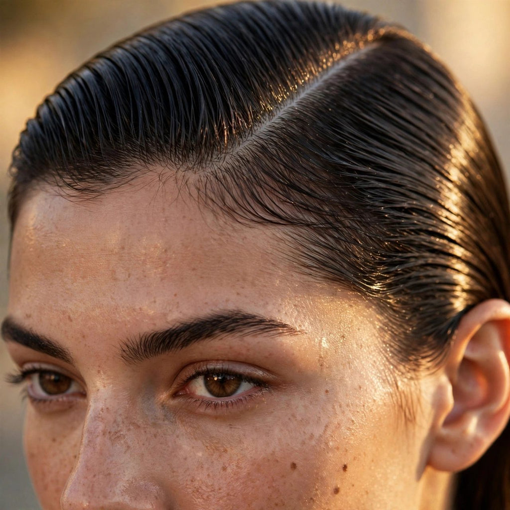 Gros plan des contours et de la raie parfaitement lisses après le bâton de cire coiffante DULUXE, zéro frisottis