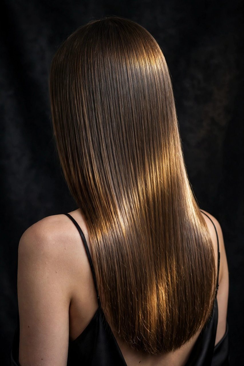 Cheveux longs brillants parfaitement lisses après la finition au bâton de cire DULUXE, vue de dos