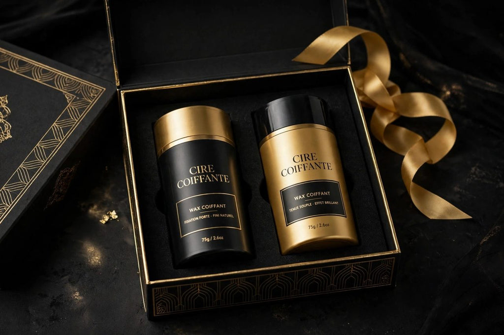 Deux bâtons de cire coiffante DULUXE présentés dans un coffret cadeau noir et doré prêt à offrir