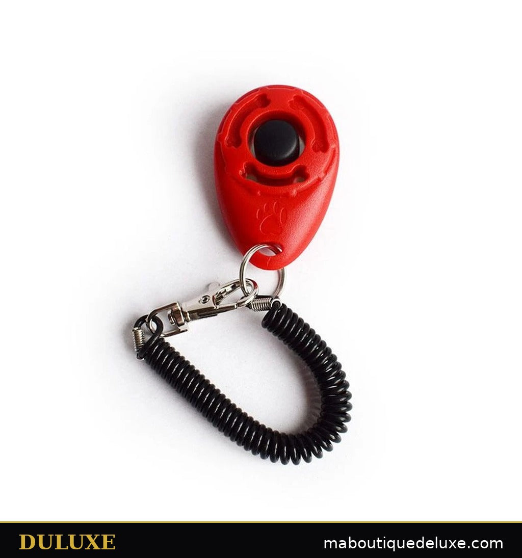 Clicker d'entraînement rouge DULUXE avec dragonne spirale noire et mousqueton, bouton central noir