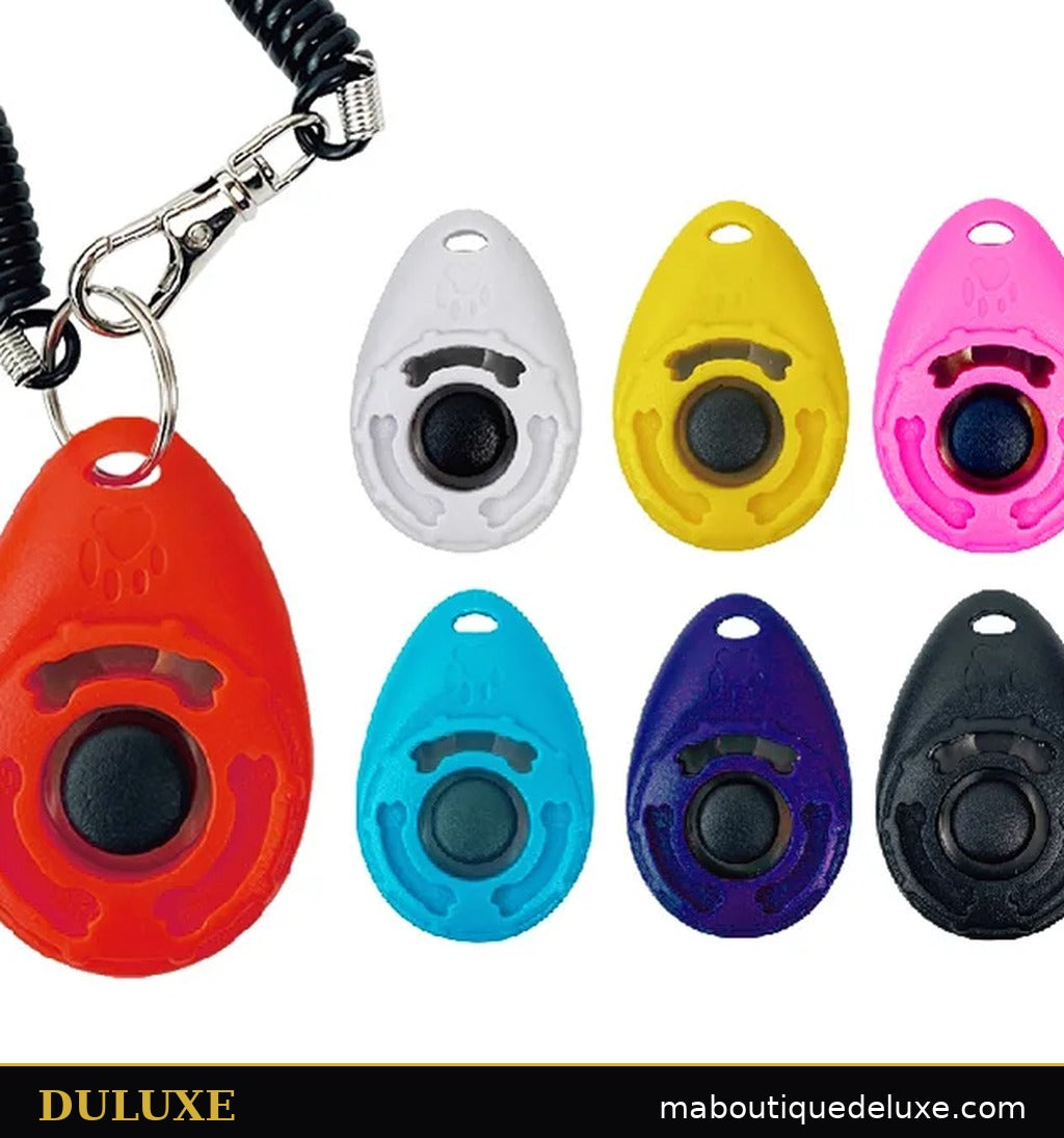 Clickers d'entraînement DULUXE en plusieurs couleurs : rouge, blanc, jaune, rose, bleu et noir, avec dragonne