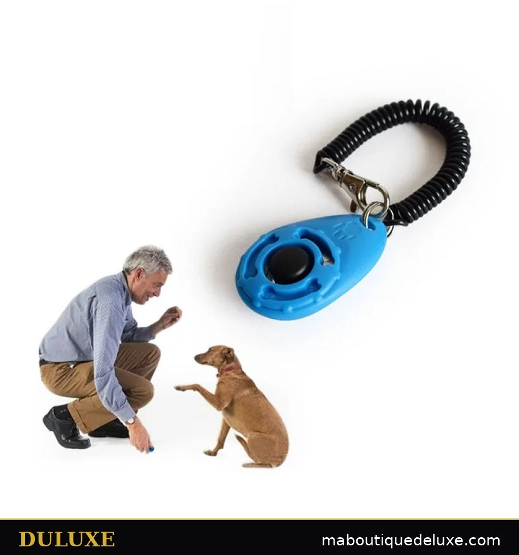 Clicker d'entraînement bleu DULUXE avec dragonne, exercice d'éducation positive avec un chien