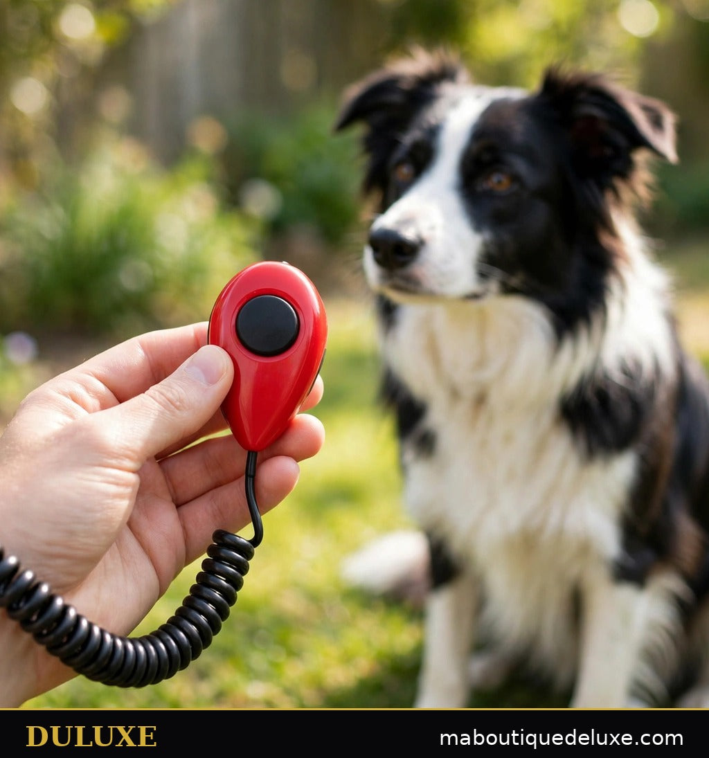 Clicker rouge DULUXE tenu en main avec dragonne au poignet, border collie assis et attentif dans un jardin