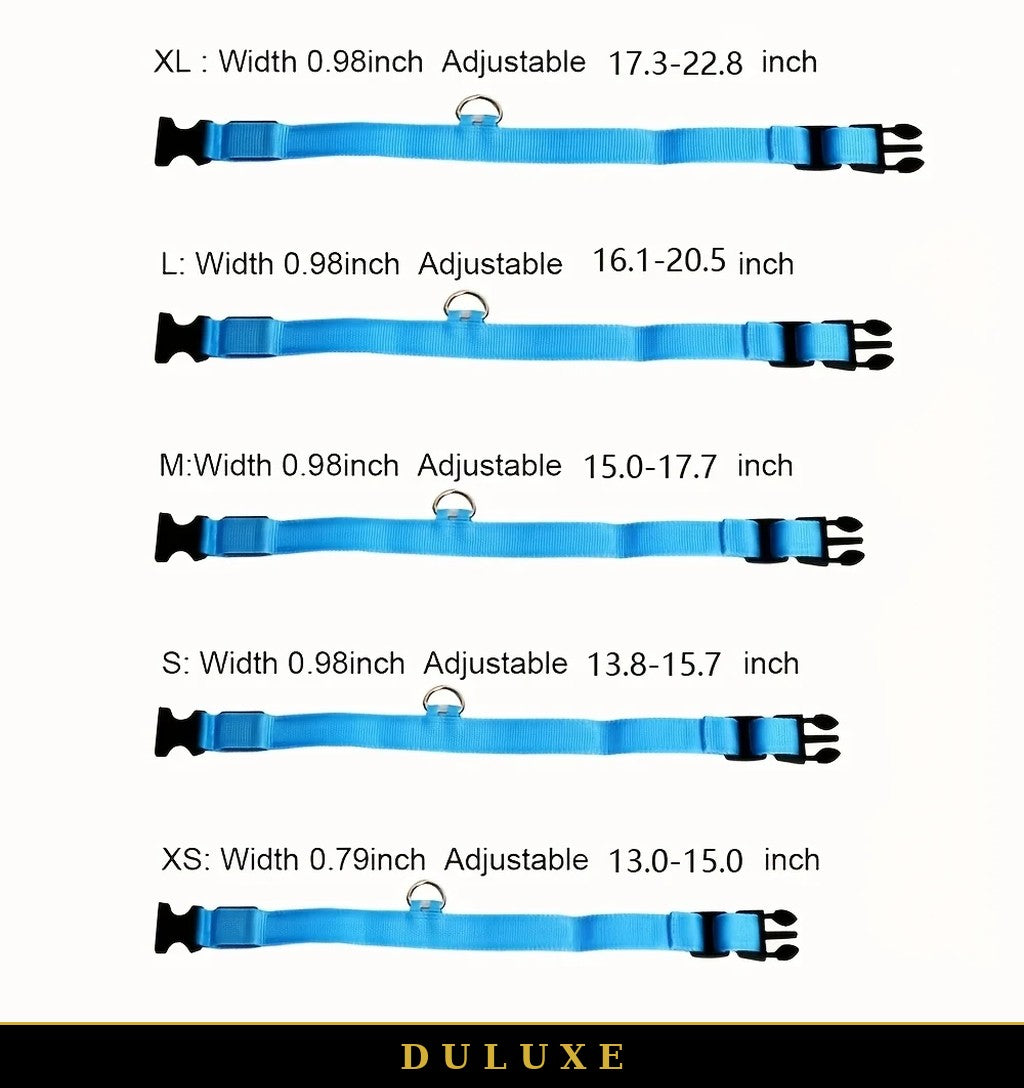 Guide des tailles du collier lumineux LED DULUXE de XS à XL et mode d'emploi du bouton