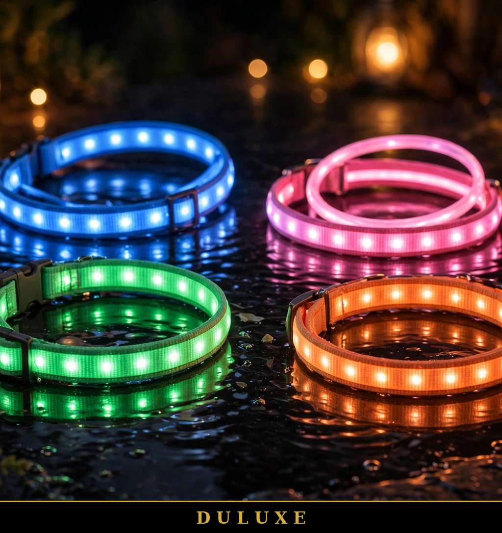 Colliers lumineux LED pour chien DULUXE allumés en bleu, rose, vert et orange sur surface sombre