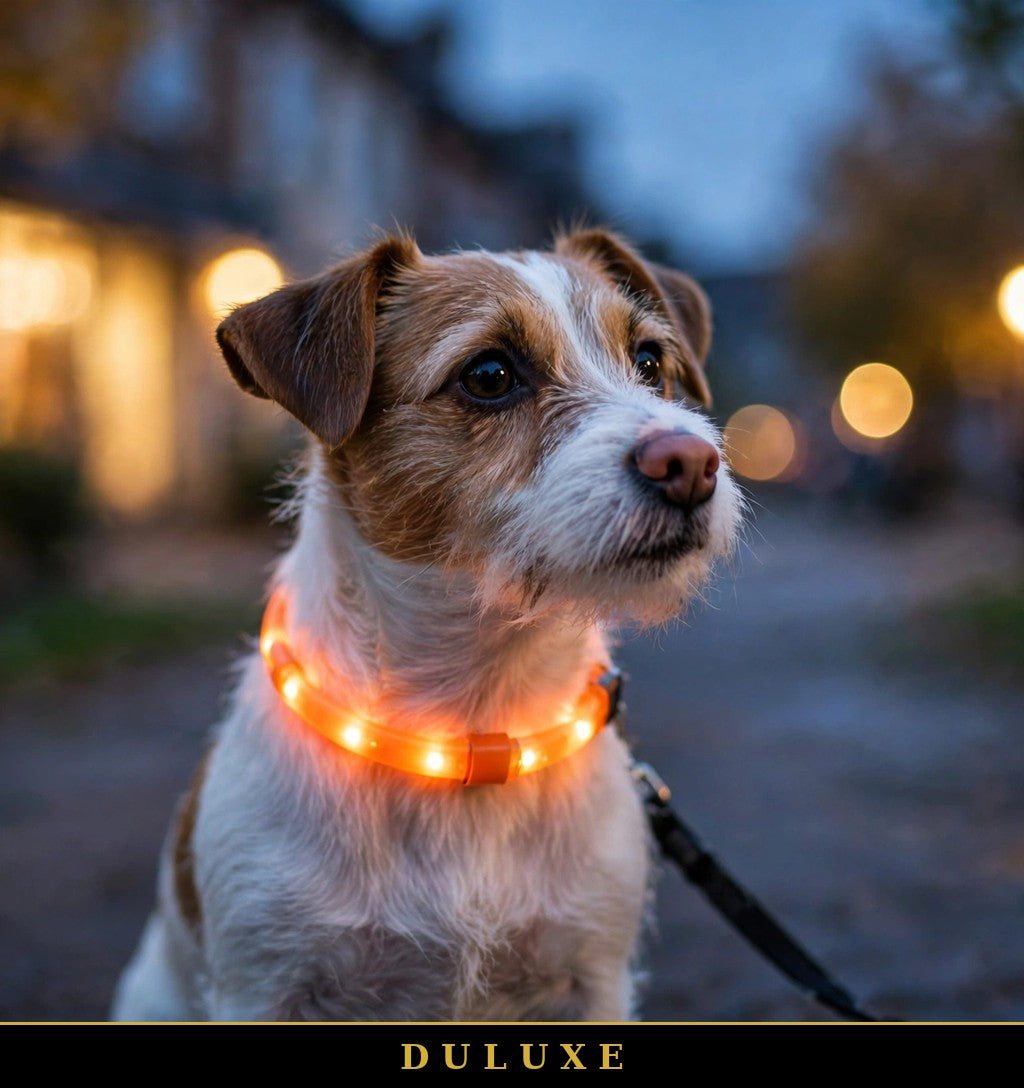 Petit chien portant un collier lumineux LED orange DULUXE lors d'une promenade au crépuscule