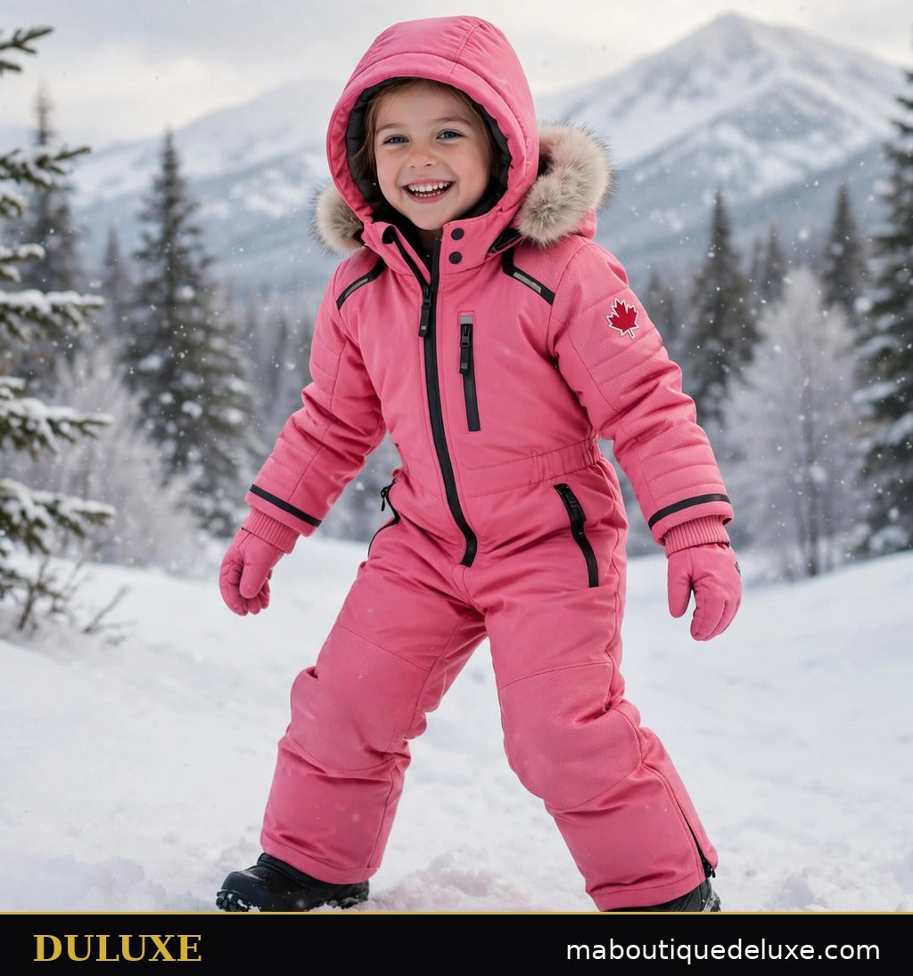 Combinaison de ski intégrale rose pour enfant DULUXE dans la neige
