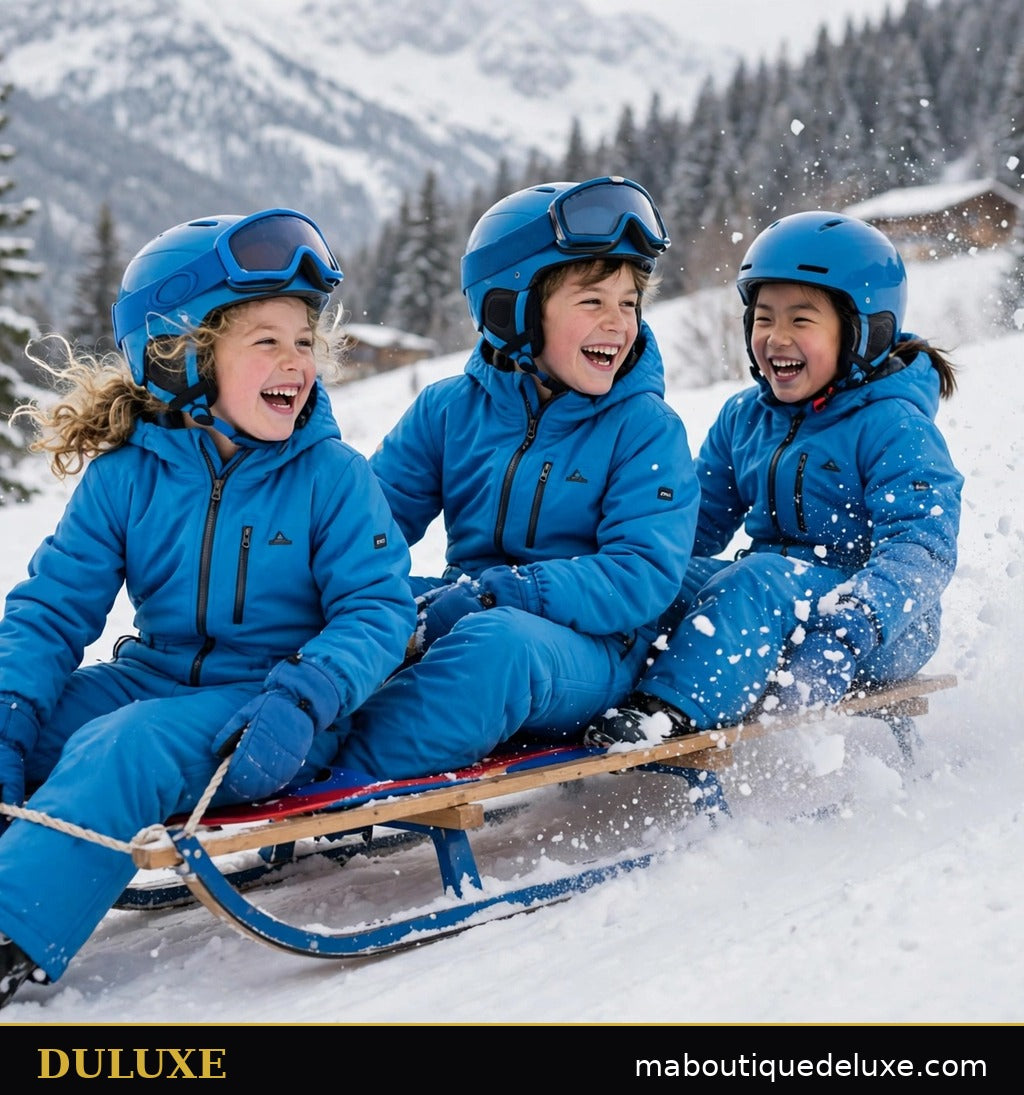 Enfant en combinaison de ski intégrale bleue DULUXE en luge et jeux de neige