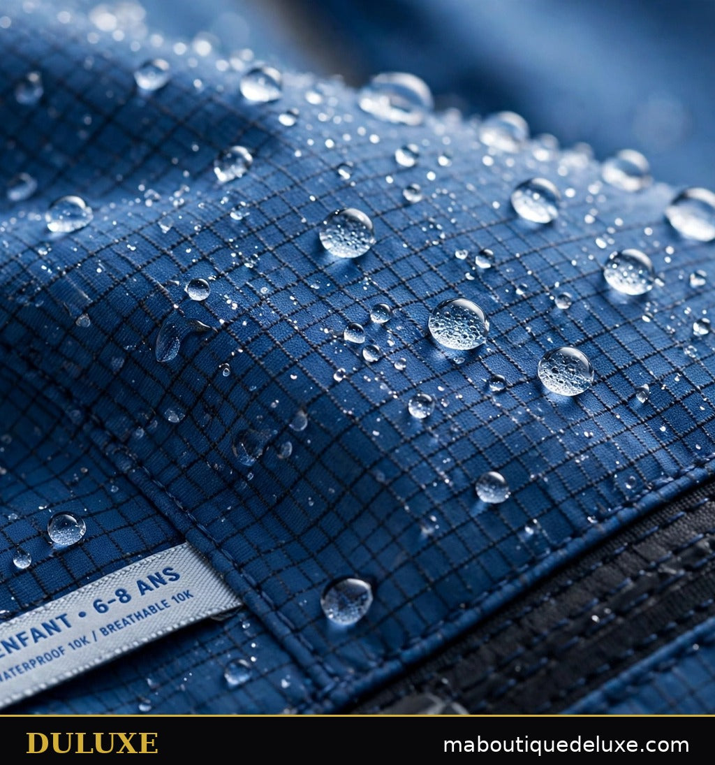 Détail du tissu imperméable de la combinaison de ski enfant DULUXE avec gouttes d'eau
