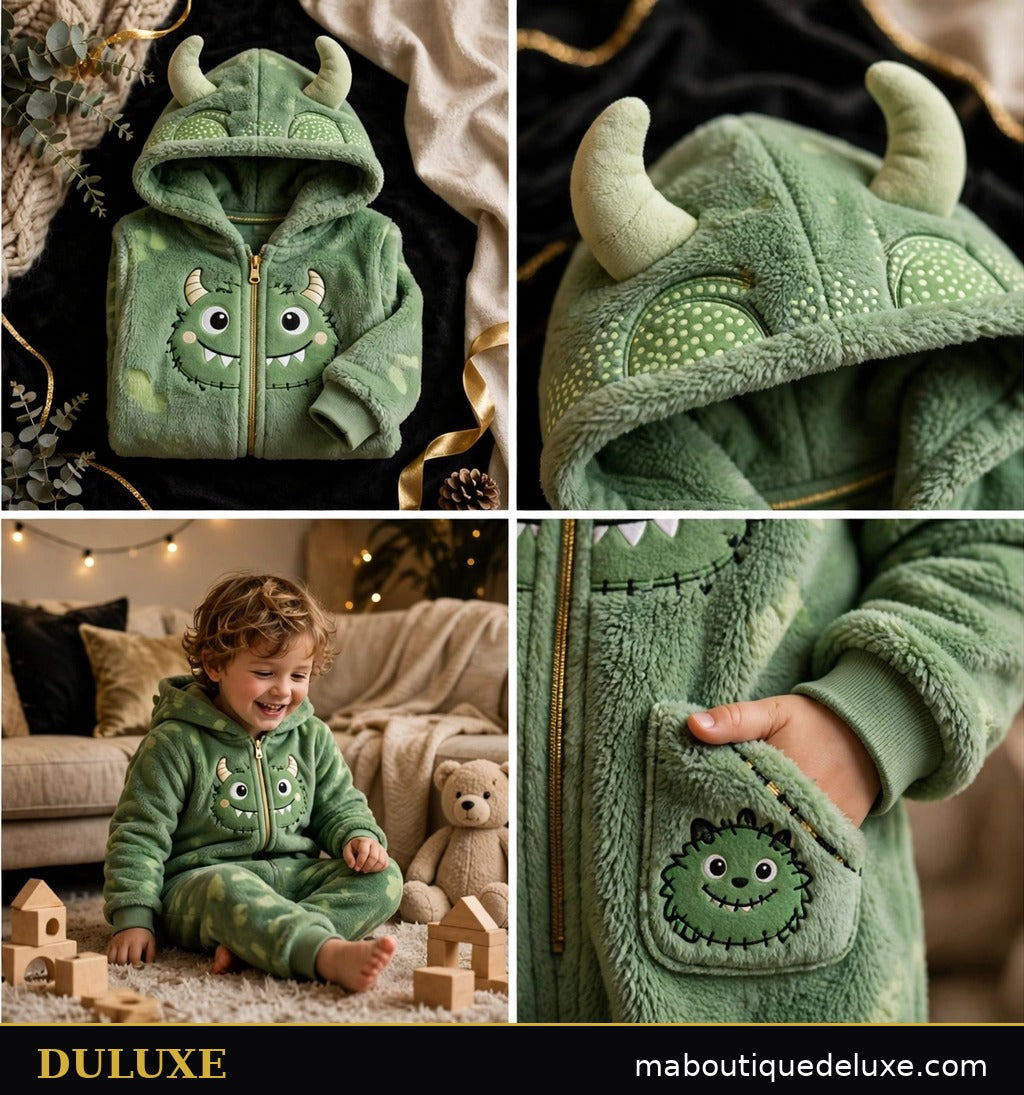 Enfant souriant portant la Combinaison Polaire Douillette DULUXE verte motif monstre avec capuche à cornes douces, dans un salon chaleureux