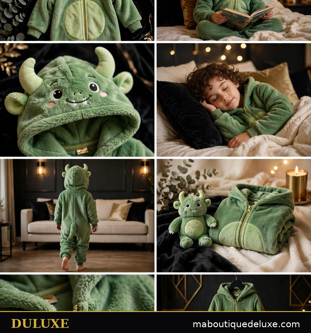 Enfant en Combinaison Polaire Douillette DULUXE motif monstre lisant un livre sous une lampe douce, soirée cocooning