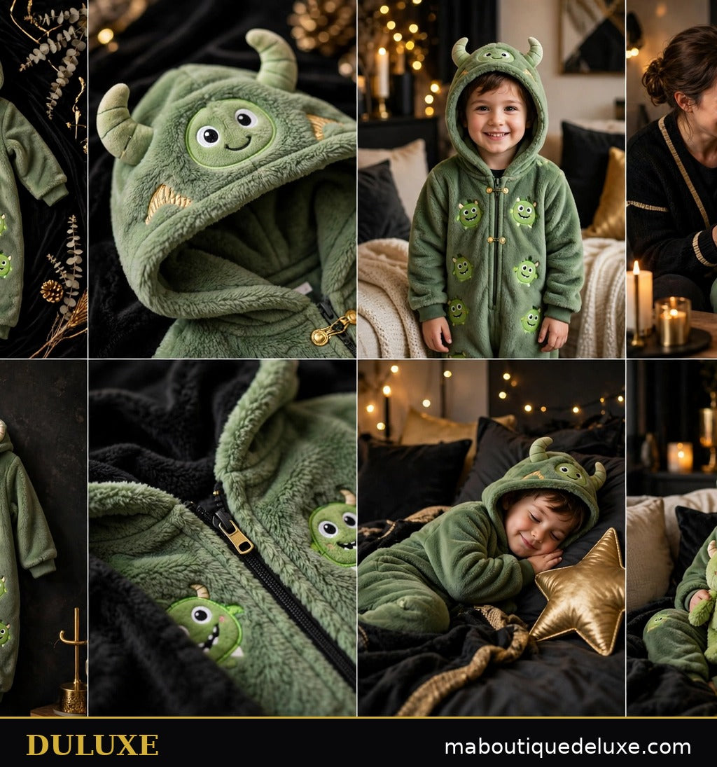 Enfant en Combinaison Polaire Douillette DULUXE motif monstre tenant un chocolat chaud, souriant avec son parent