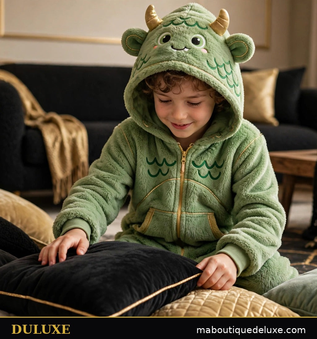 Enfant en Combinaison Polaire Douillette DULUXE motif monstre jouant doucement avec des coussins dans le salon