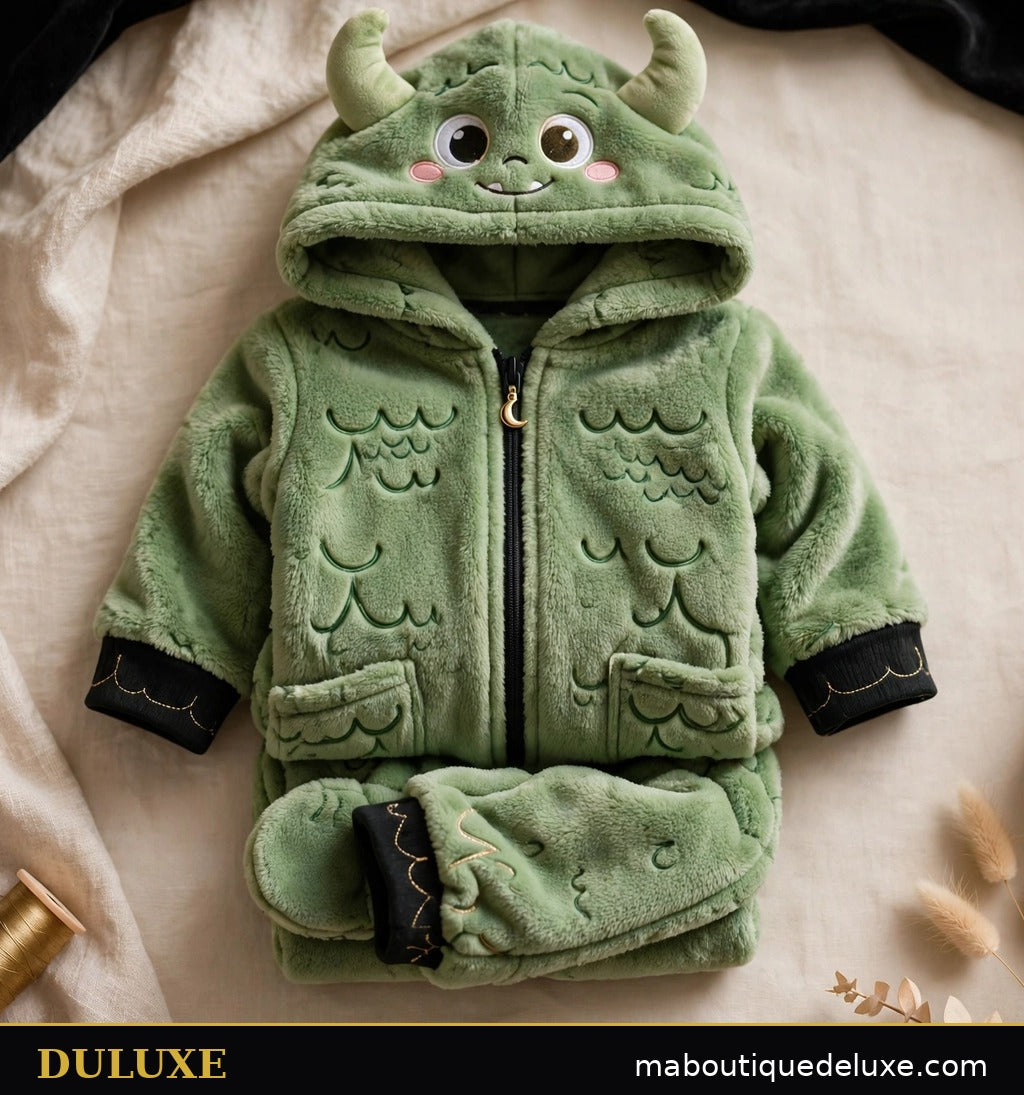 Combinaison Polaire Douillette DULUXE pour enfant pliée à plat sur fond doux, présentation soignée