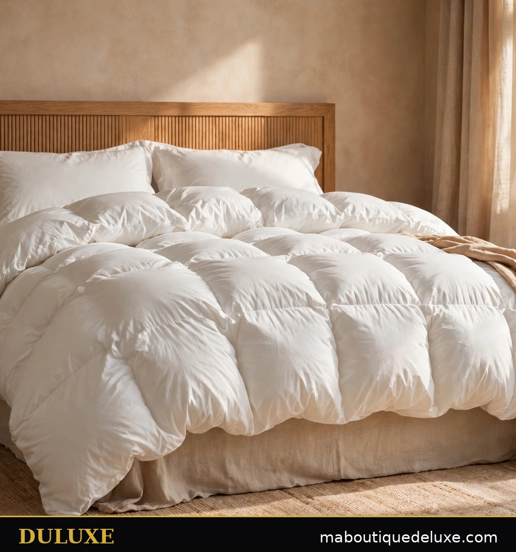 Couette 2-en-1 réversible DULUXE blanche moelleuse sur un lit fait, chambre élégante aux tons chauds