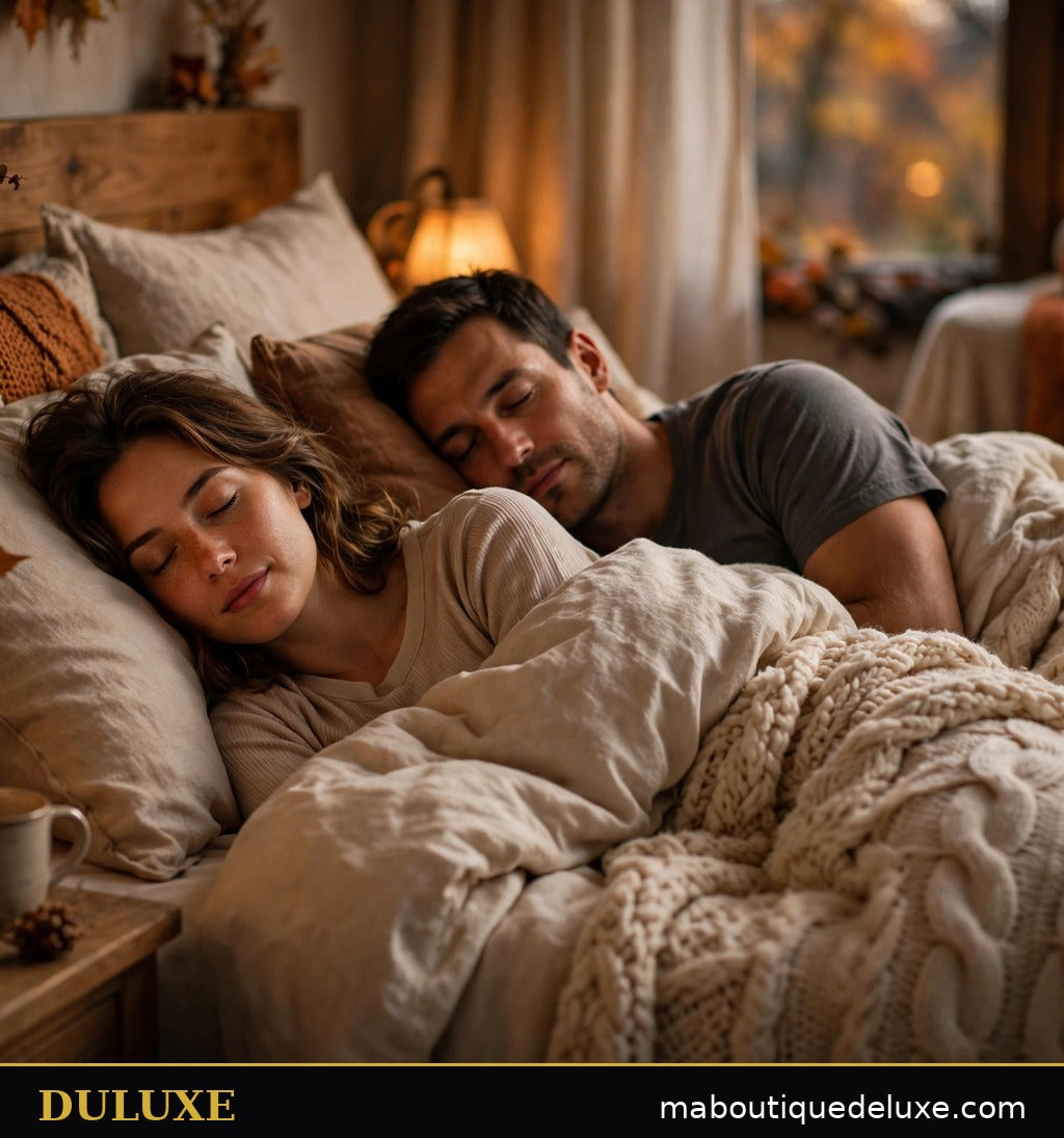 Couple dormant paisiblement sous la couette 2-en-1 DULUXE dans une chambre cocooning d'automne