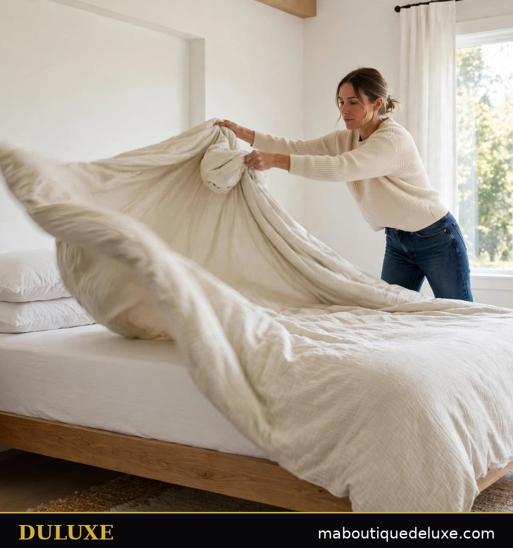 Personne qui fait son lit en un geste avec la couette 2-en-1 DULUXE à housse intégrée