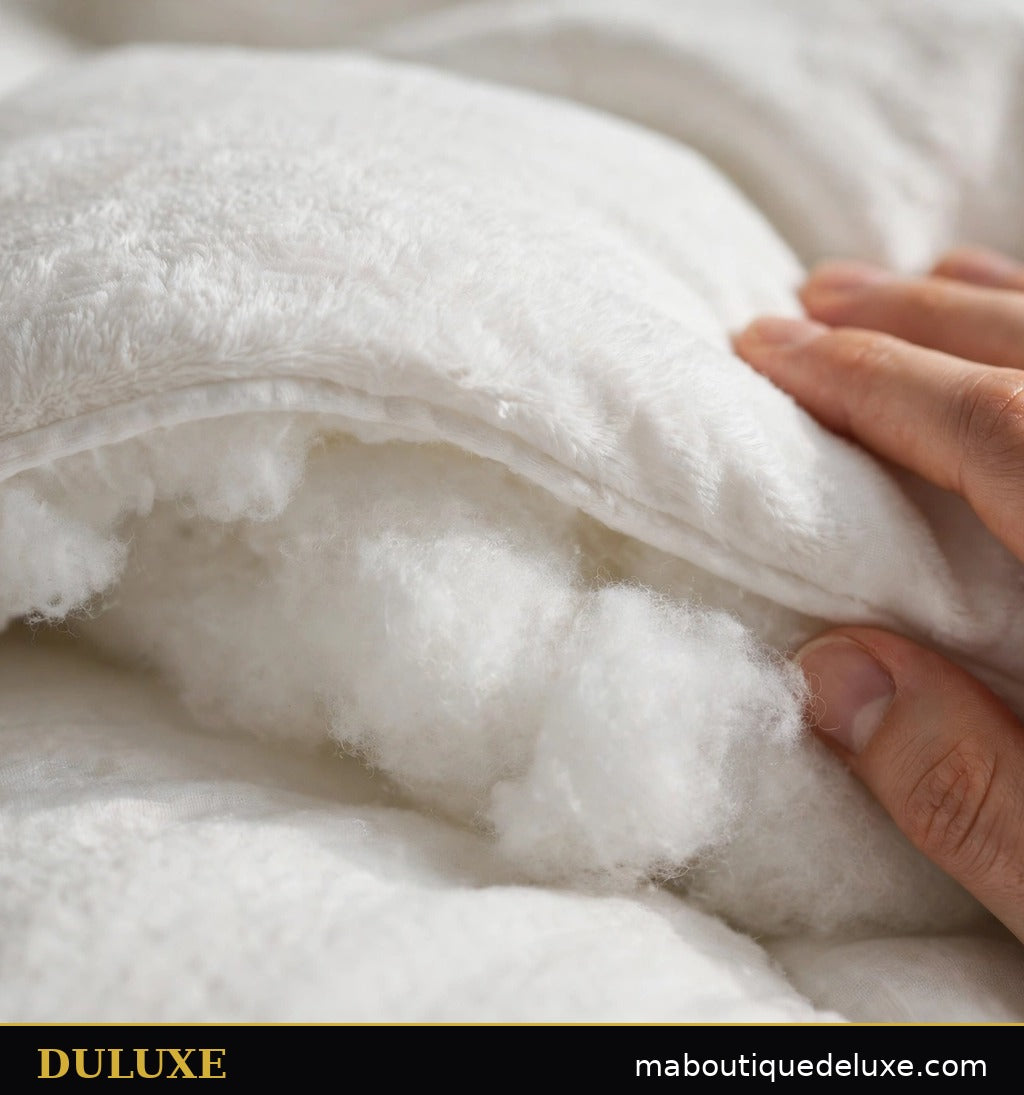 Gros plan sur la microfibre brossée douce et le garnissage moelleux de la couette DULUXE