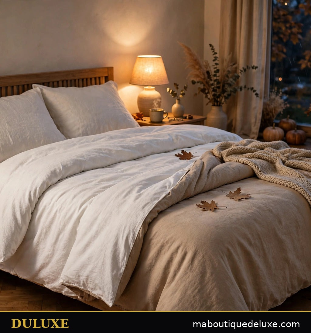 Couette réversible DULUXE aux deux faces, blanche et beige chaud, dans une chambre du soir