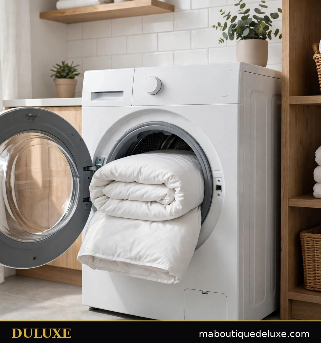 Couette DULUXE pliée sortant d'une machine à laver, entretien facile en machine