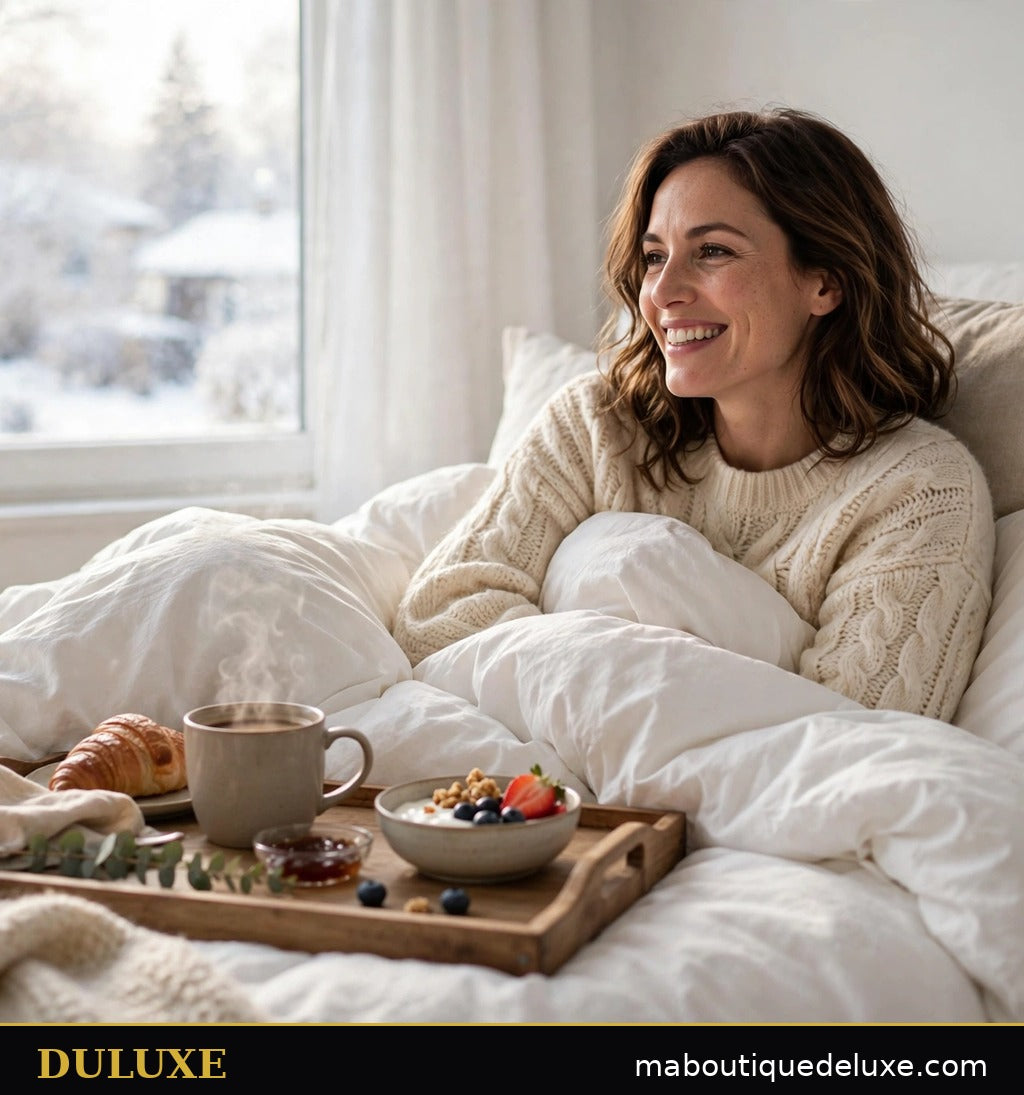 Petit-déjeuner au lit bien installée sous la couette 2-en-1 DULUXE, matin d'hiver lumineux