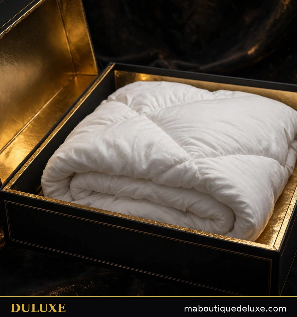 Coffret DULUXE noir et doré avec la couette 2-en-1 pliée, présentation cadeau premium