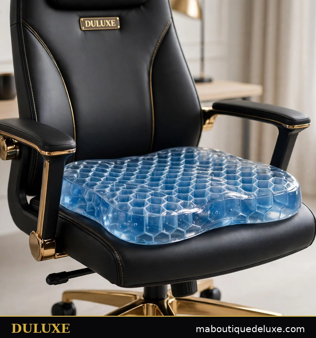 Coussin d'assise en gel rafraîchissant DULUXE bleu translucide à alvéoles nid d'abeille posé sur une chaise de bureau élégante