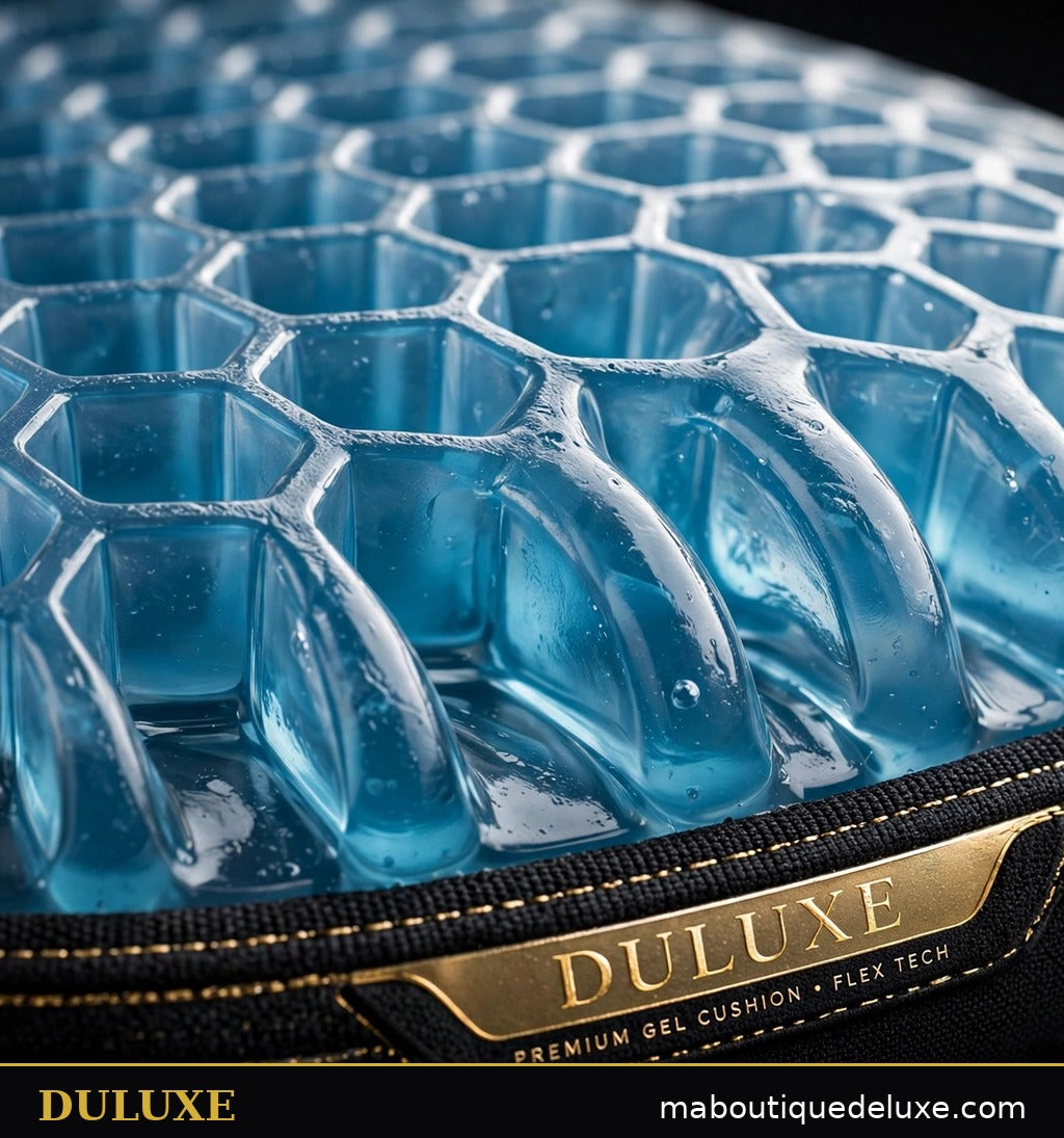 Gros plan sur la structure alvéolée en nid d'abeille flexible du coussin d'assise en gel DULUXE