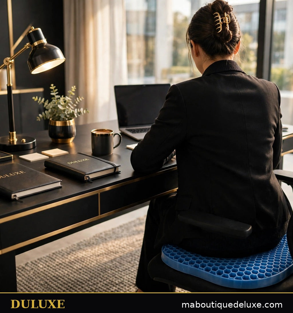 Personne assise confortablement au bureau avec une posture détendue sur le coussin en gel DULUXE