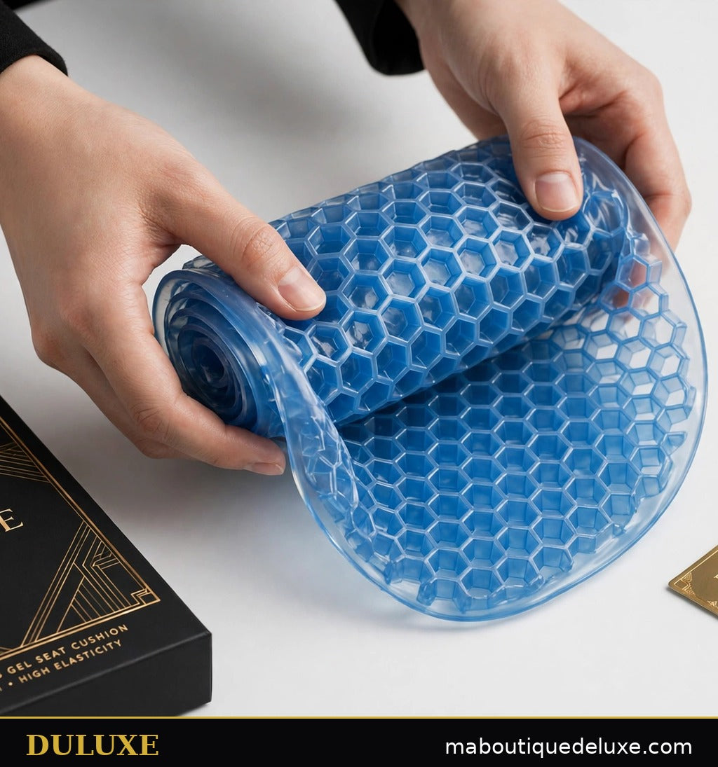 Coussin en gel DULUXE plié et enroulé à la main pour démontrer sa souplesse et son élasticité