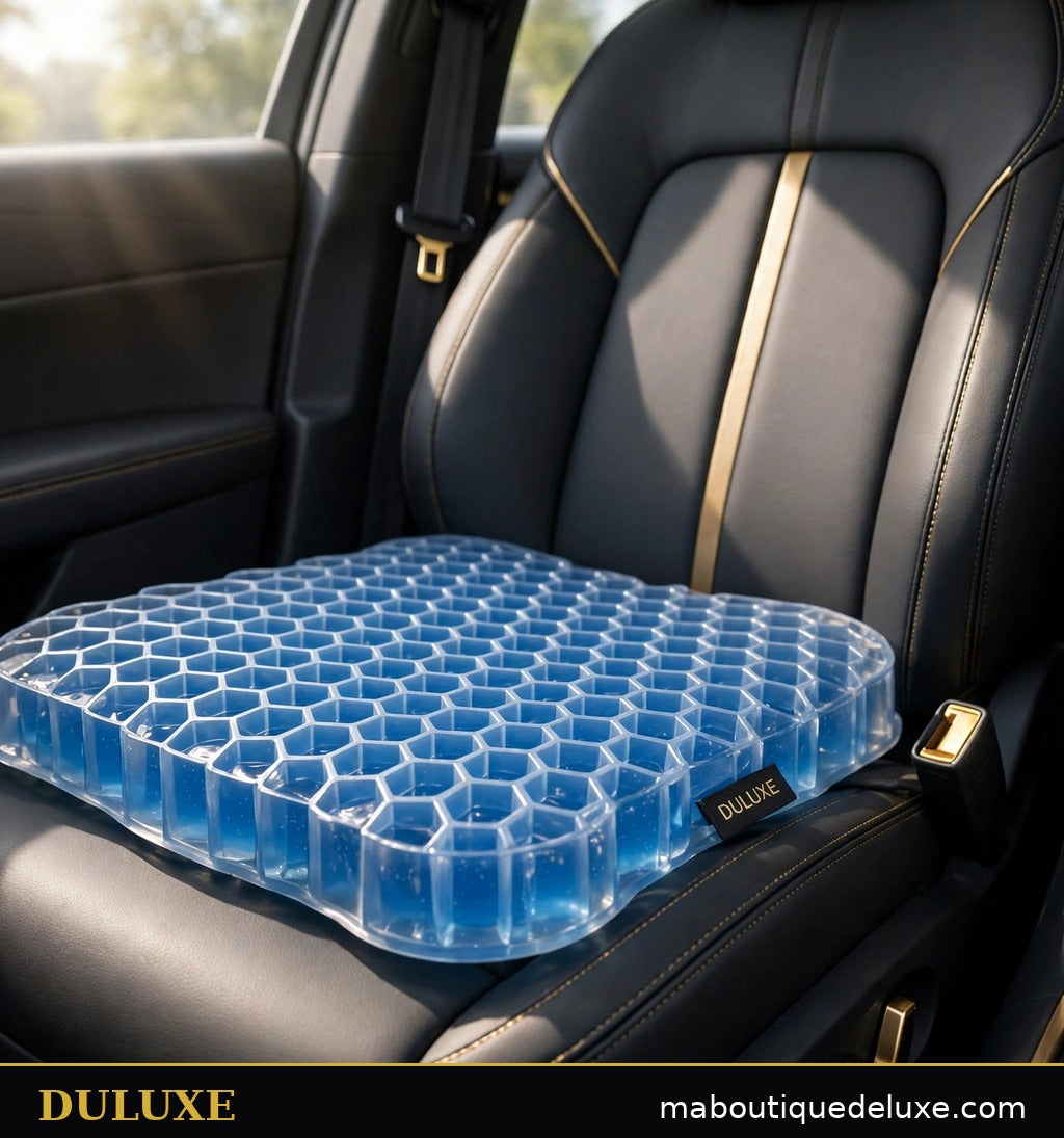 Coussin d'assise en gel DULUXE installé sur le siège conducteur d'une voiture pour les longs trajets