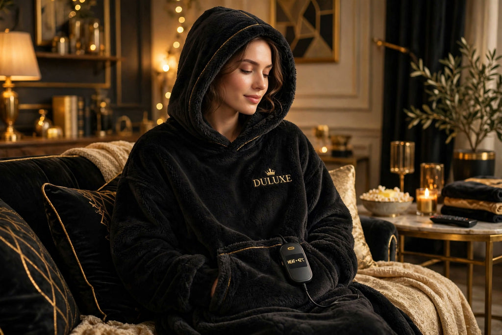 Couverture-hoodie chauffante portable DULUXE noire portée sur le canapé, capuche douillette, visuel principal