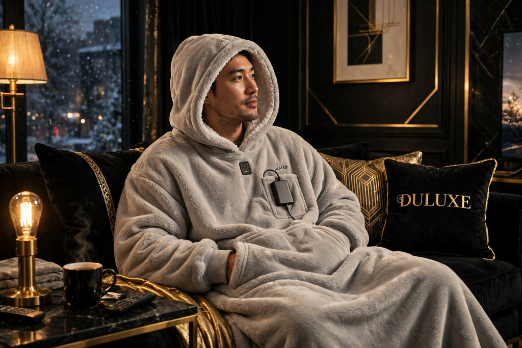 Couverture-hoodie chauffante DULUXE gris perle portée pour une soirée film sur le canapé