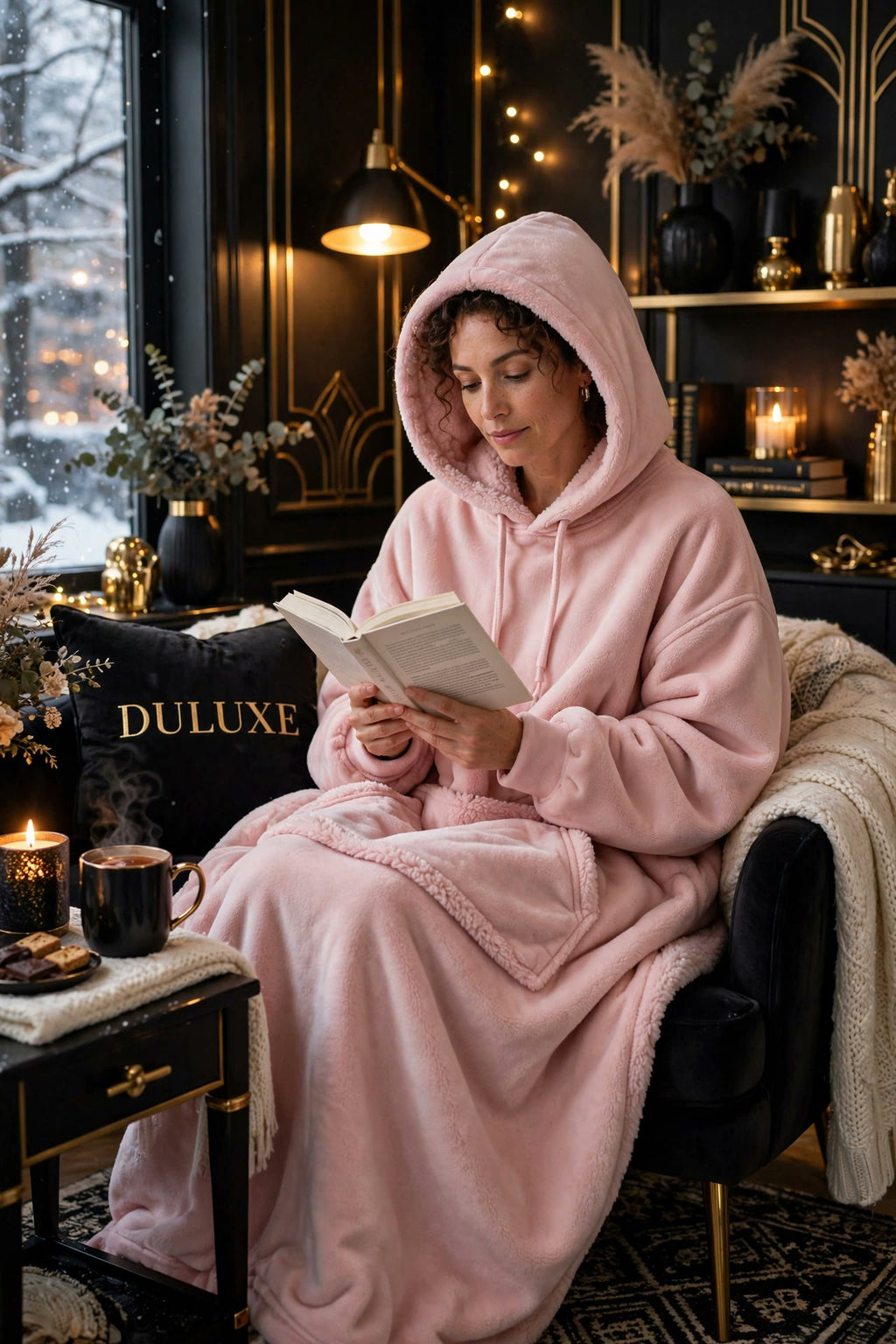 Couverture-hoodie chauffante DULUXE rose poudré portée pour la lecture dans un fauteuil douillet