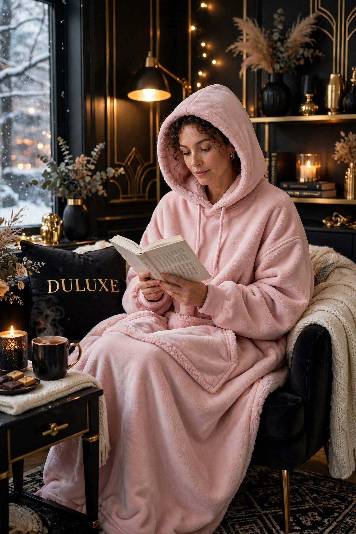 Couverture-hoodie chauffante DULUXE rose poudré portée pour la lecture dans un fauteuil douillet