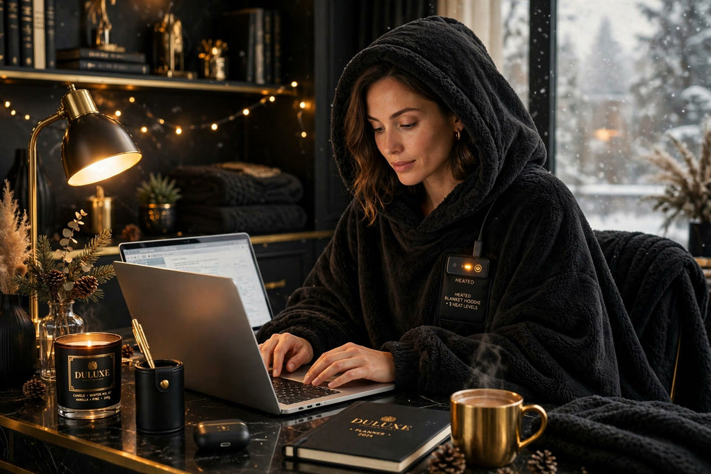 Couverture-hoodie chauffante DULUXE noire portée en télétravail à la maison, confort et chaleur