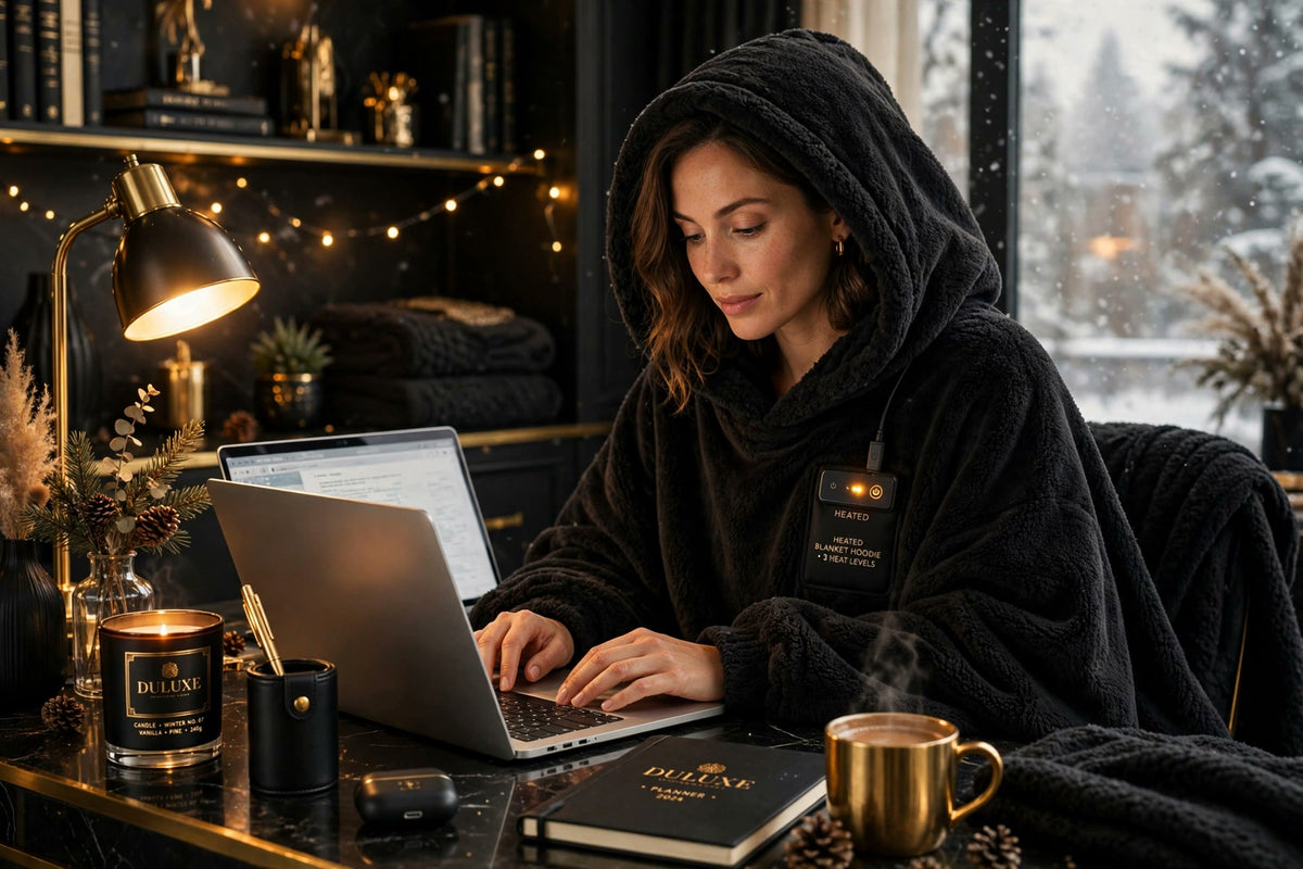 Couverture-hoodie chauffante DULUXE noire portée en télétravail à la maison, confort et chaleur