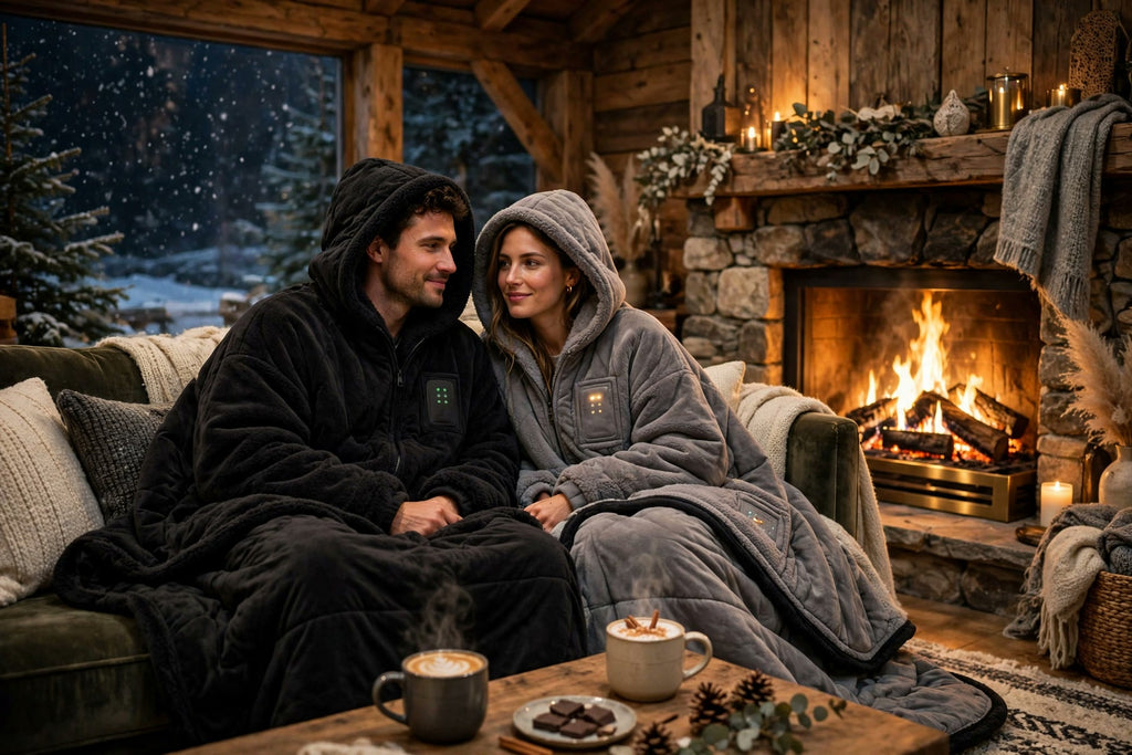 Couple en couvertures-hoodies chauffantes DULUXE près du foyer, soirée d'hiver chaleureuse