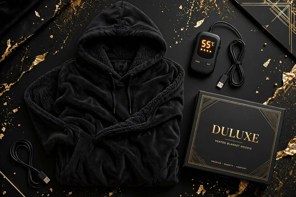 Présentation à plat noir et doré DULUXE : couverture-hoodie chauffante, câble USB, contrôleur et emballage DULUXE