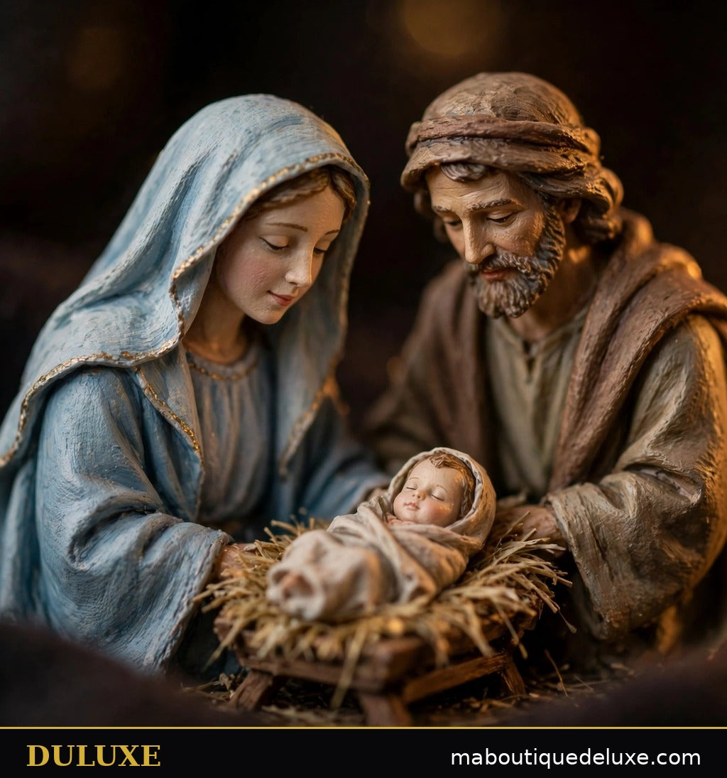 Gros plan sur la Sainte Famille de la crèche miniature DULUXE peinte à la main