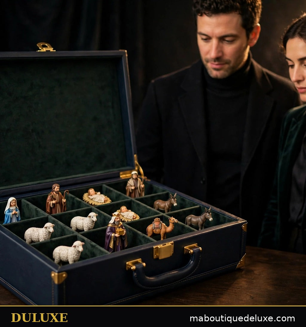 Coffret de rangement ouvert avec les figurines de la crèche miniature DULUXE rangées par compartiments