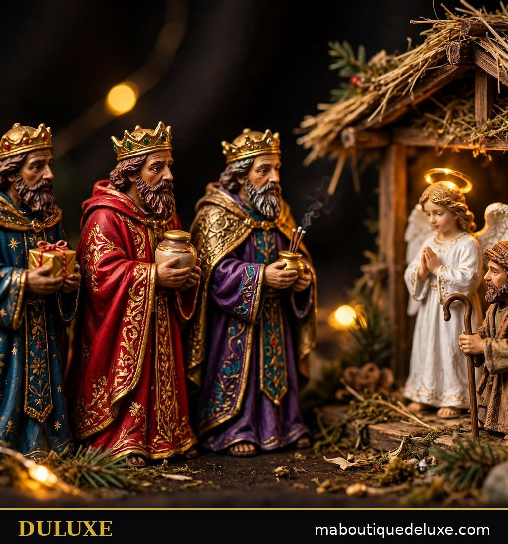 Détail des trois Rois mages peints à la main de la crèche miniature DULUXE approchant de l'étable